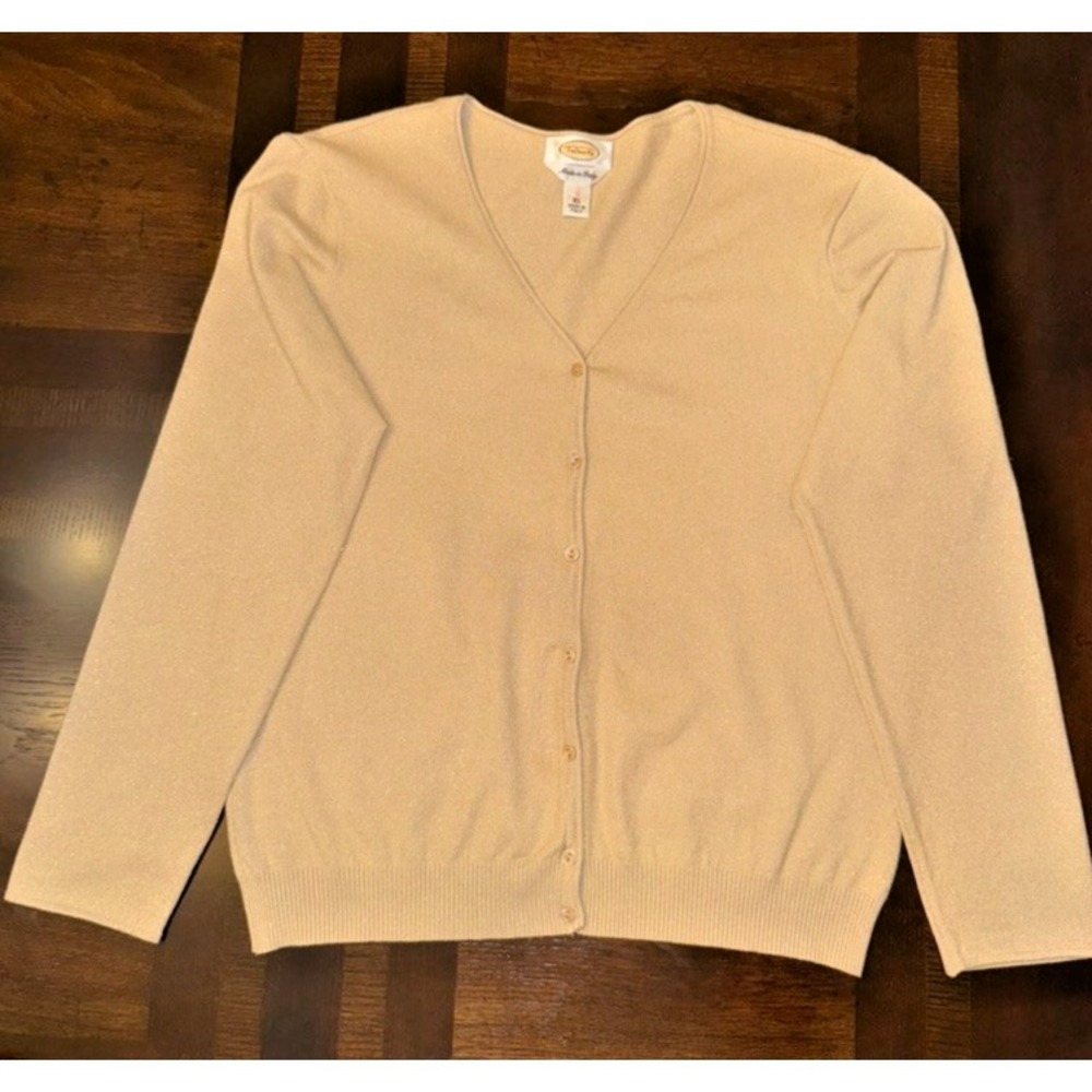 Talbots Made in Italy XL Gold Shimmer Wool Cardigan Holiday Metallic Sweater NYE